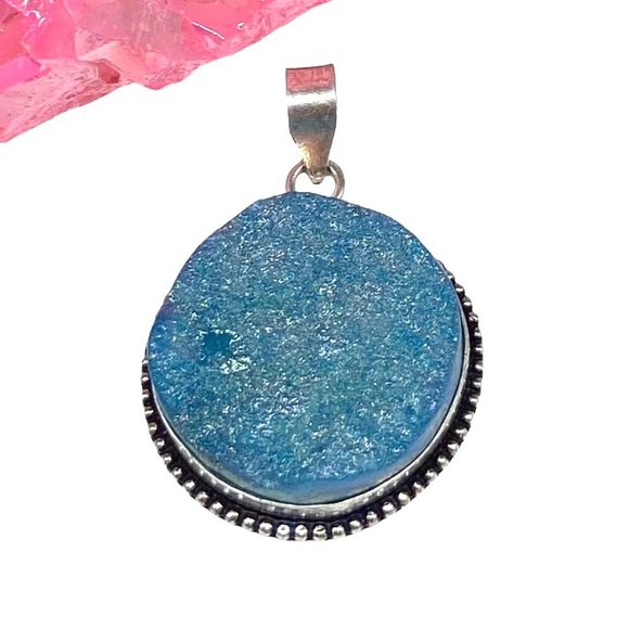 Blue Titanium Druzy Necklace Pendant 925 Sterling Silver Overlay - Picture 1 of 5